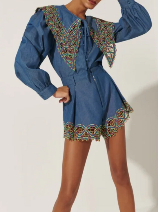 Doll Collar Embroidery Hollow Denim Color Suit