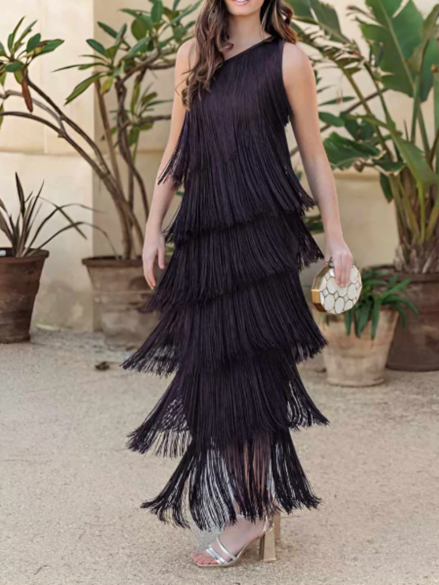Inclined Shoulder Tassel Dress