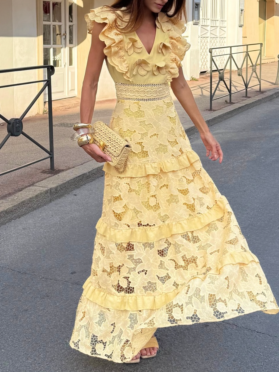 Three-dimensional Printed Lace Cut-out Sleeveless Dress
