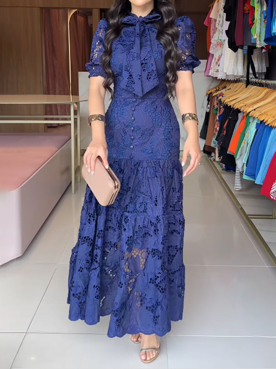 Round Neck Lace-up Cut-out Lace Dress