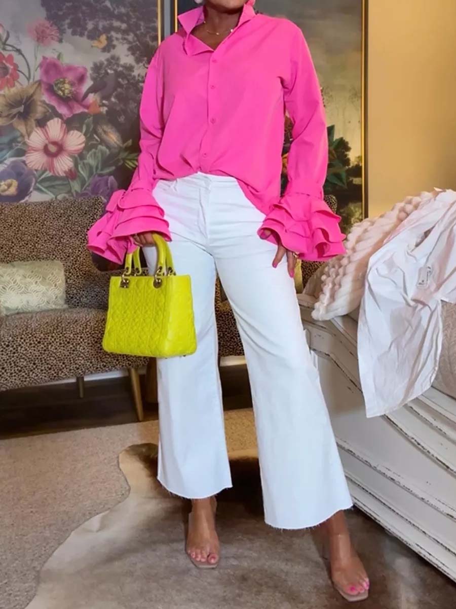 Fashion Ruffled Sleeve Lace-up Casual Shirt