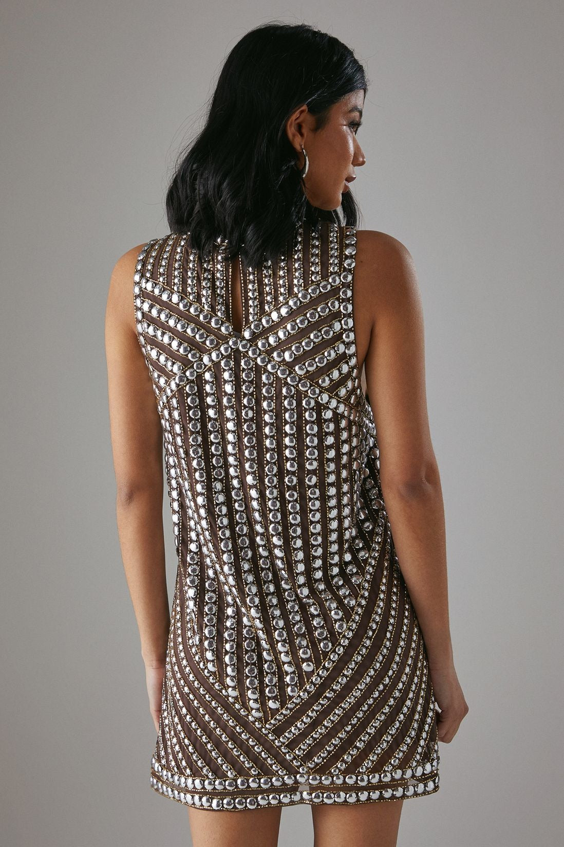 Hand Embellished Sequin Stud Drop Armhole Vest Mini Dress