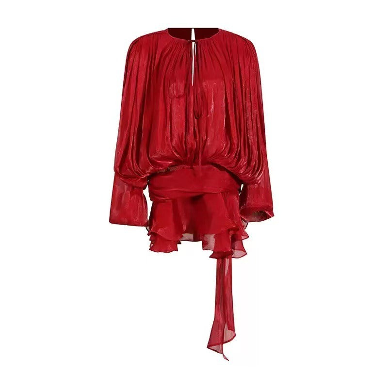 Bubble-sleeve Ruffled Two-piece Dress