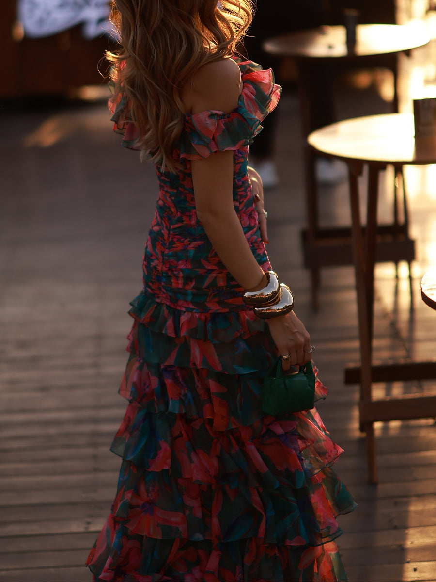 Off Shoulder Printed Ruffled Maxi Dress