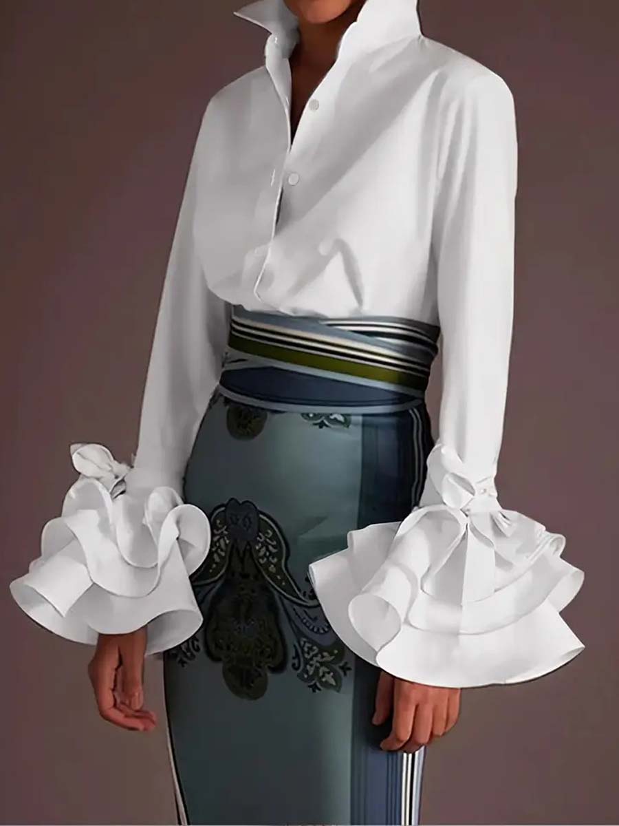 Fashion Ruffled Sleeve Lace-up Casual Shirt