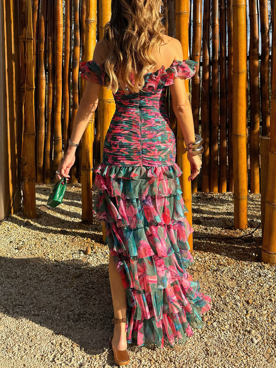 Off Shoulder Printed Ruffled Maxi Dress