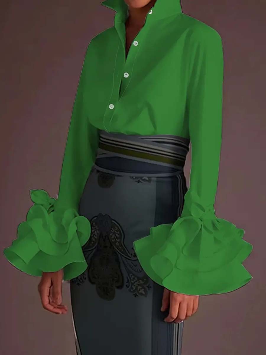 Fashion Ruffled Sleeve Lace-up Casual Shirt