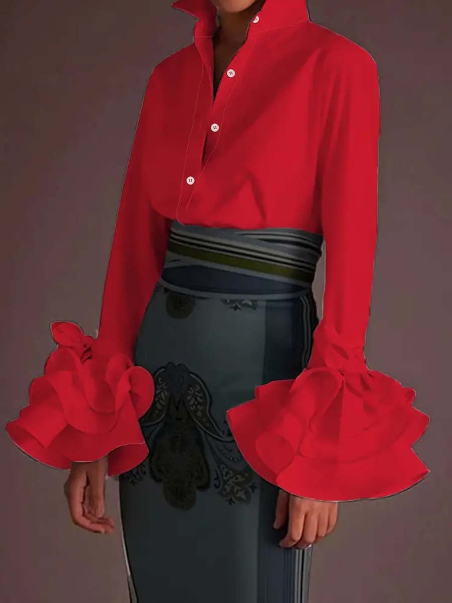 Fashion Ruffled Sleeve Lace-up Casual Shirt