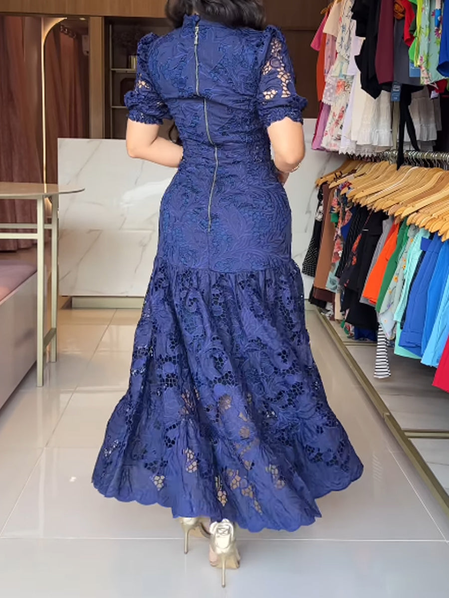 Round Neck Lace-up Cut-out Lace Dress