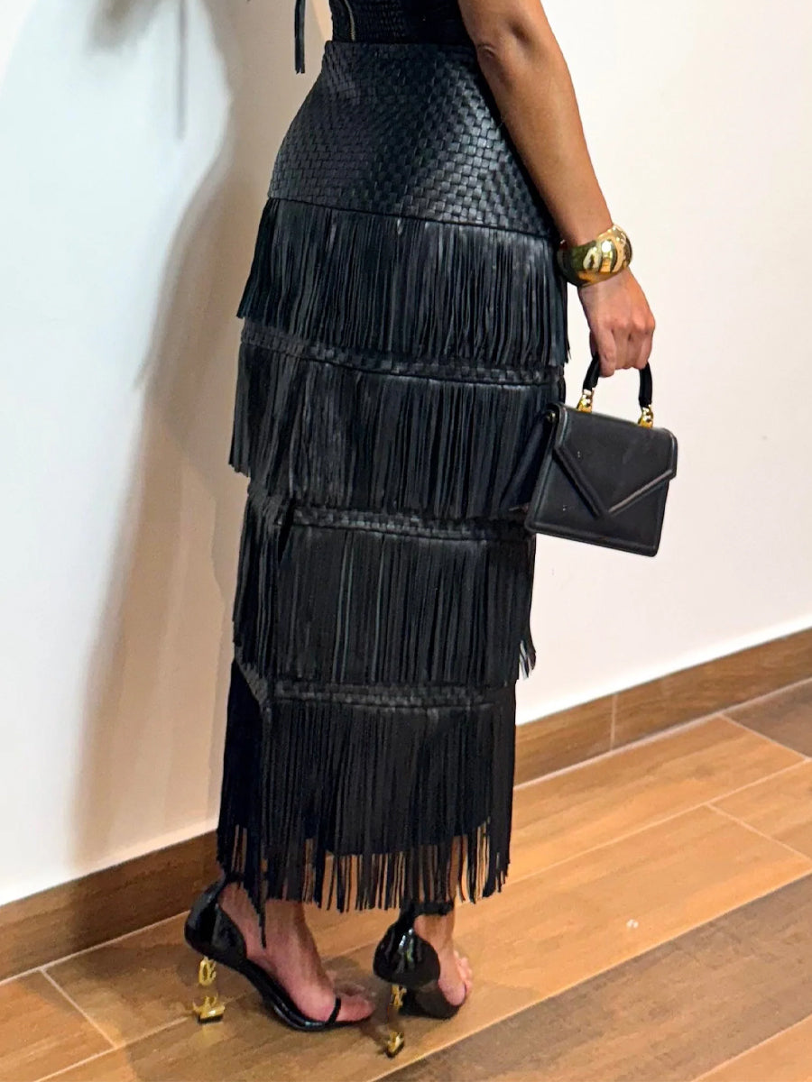 PU Fringed Edge Two Pieces Dress