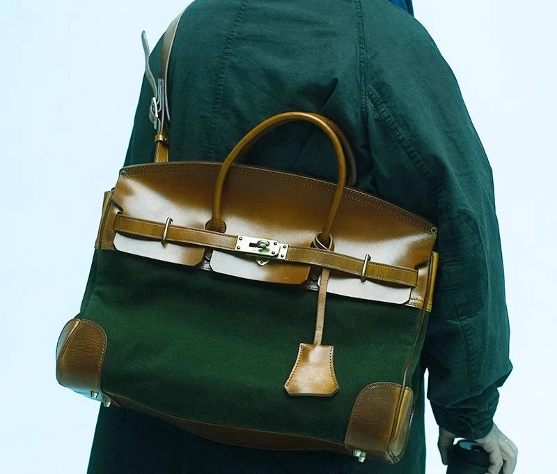 Two-Tone Canvas And Leather Handbag