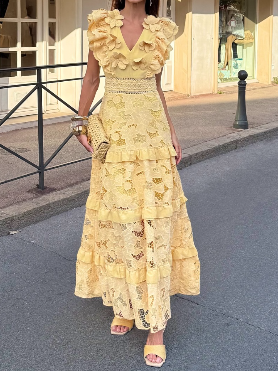 Three-dimensional Printed Lace Cut-out Sleeveless Dress