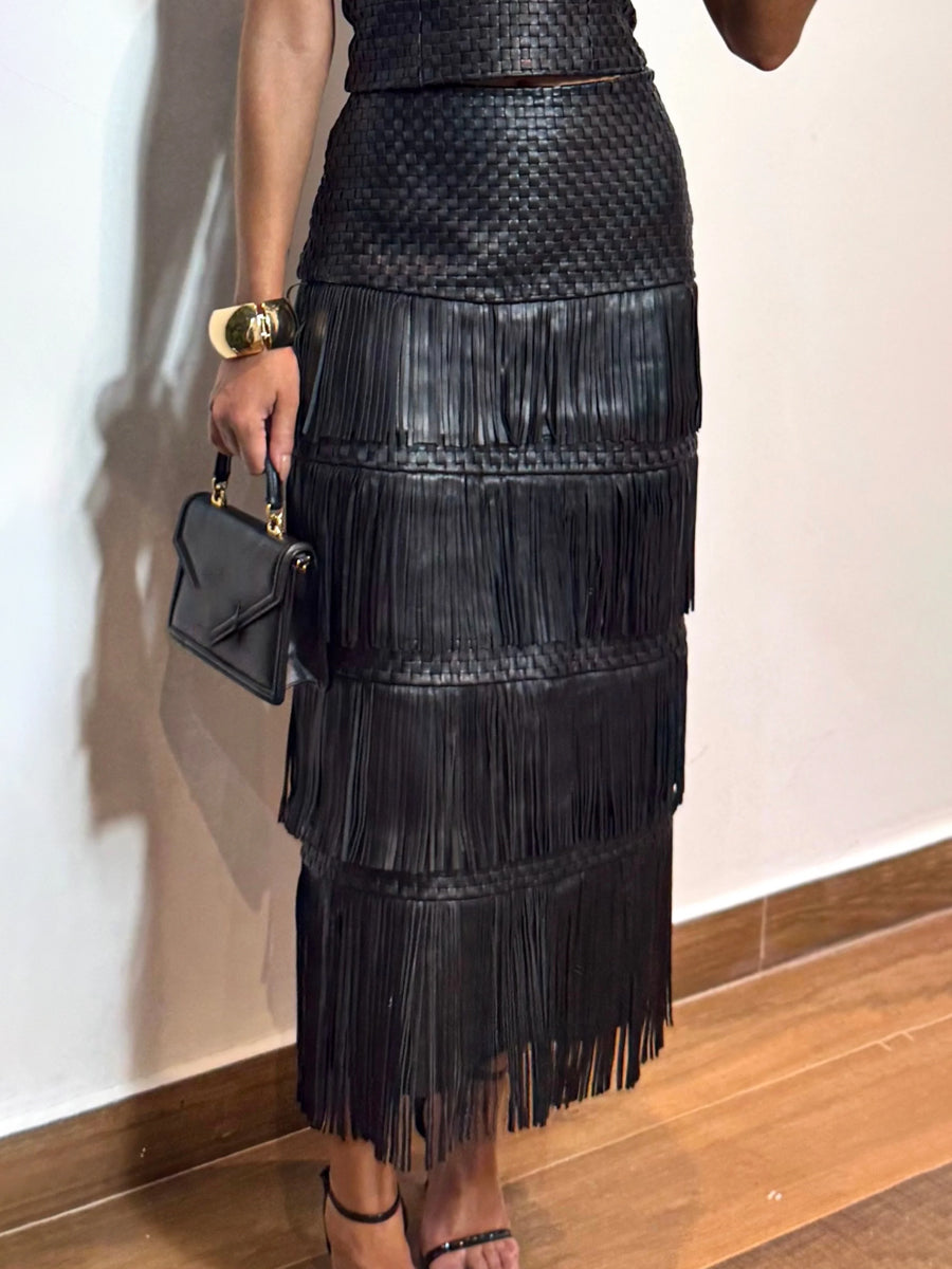 PU Fringed Edge Two Pieces Dress
