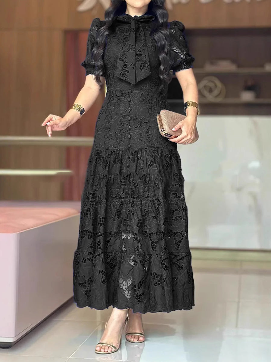 Round Neck Lace-up Cut-out Lace Dress