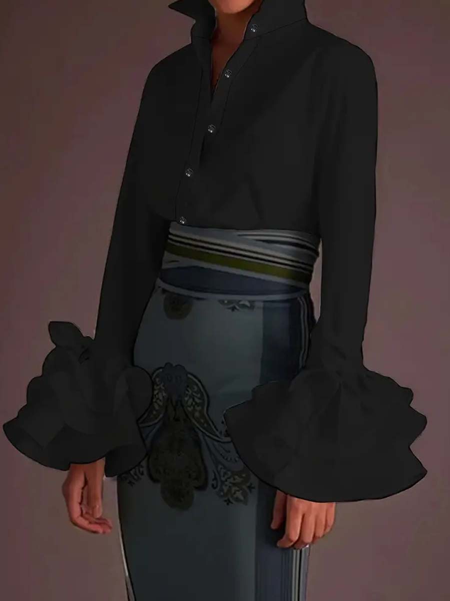 Fashion Ruffled Sleeve Lace-up Casual Shirt