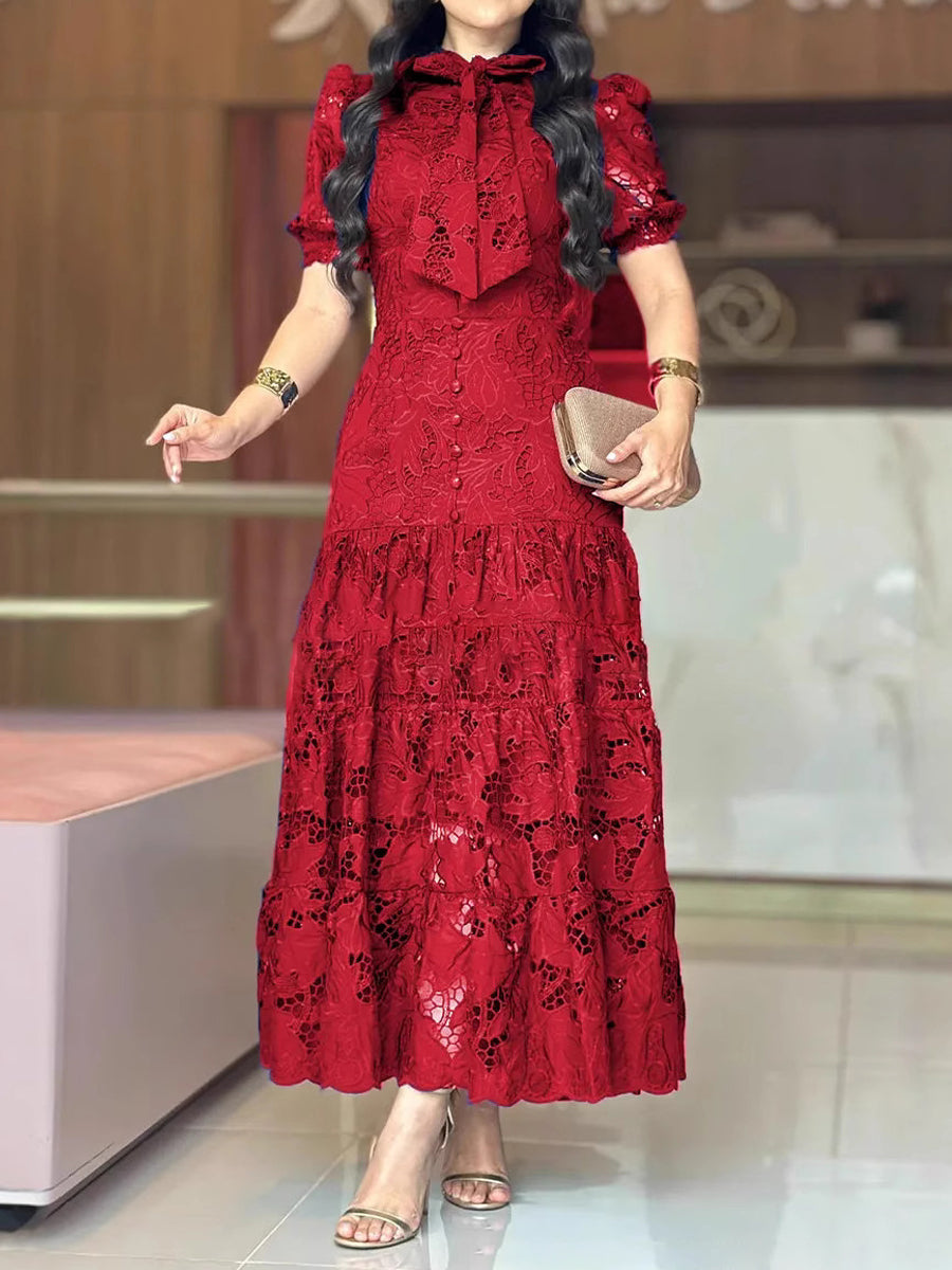 Round Neck Lace-up Cut-out Lace Dress