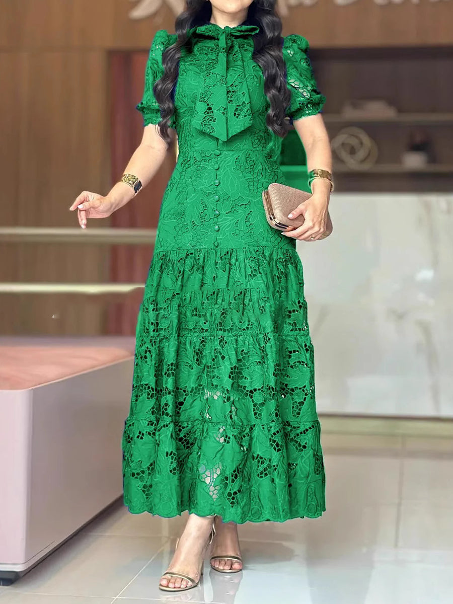 Round Neck Lace-up Cut-out Lace Dress