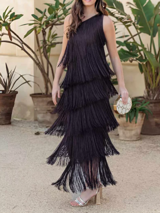 Inclined Shoulder Tassel Dress