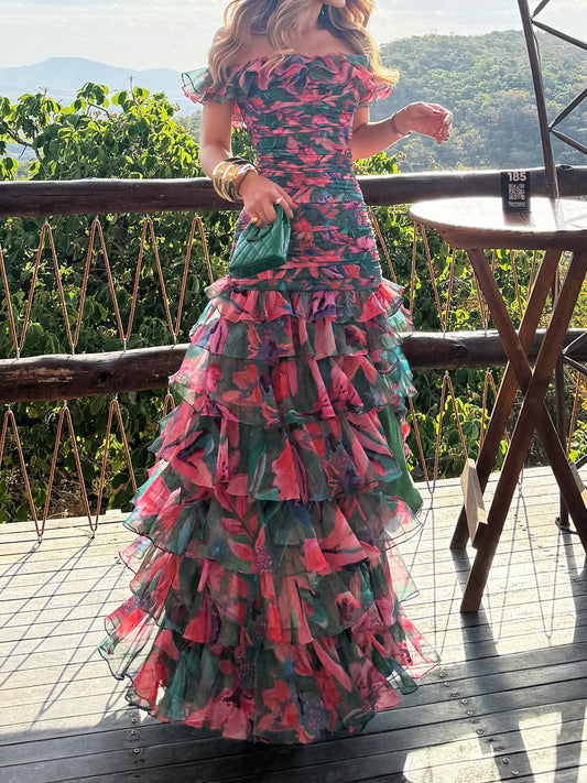 Off Shoulder Printed Ruffled Maxi Dress