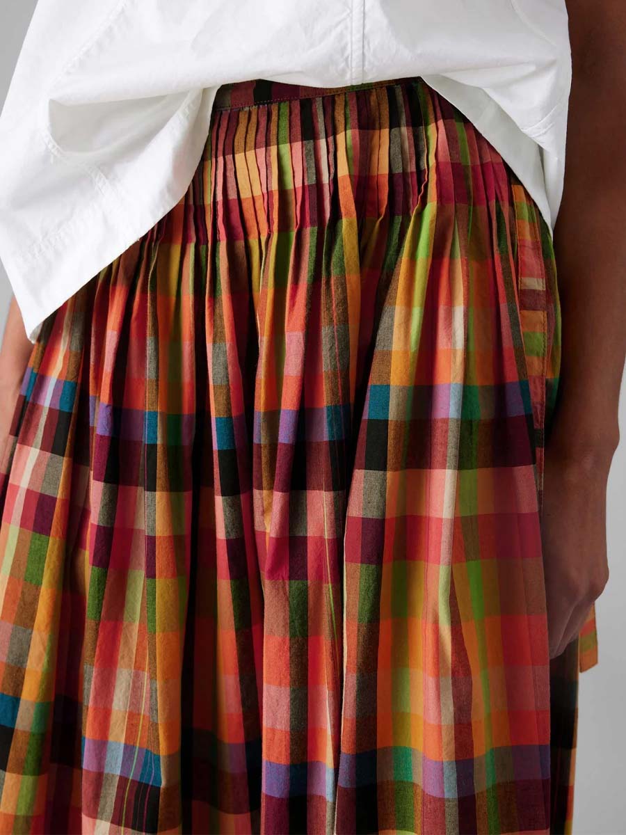 Pleated Check Cotton Skirt