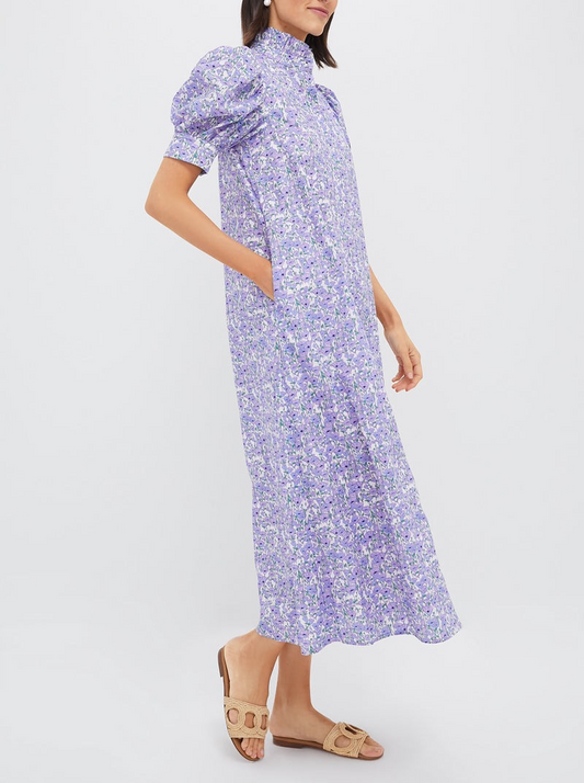 Purple Poppies Ruffle Collar Cotton Dress