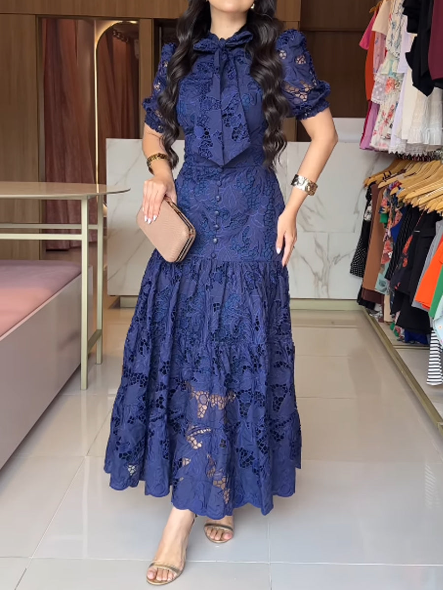 Round Neck Lace-up Cut-out Lace Dress