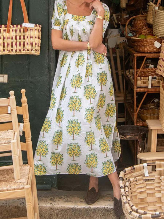Floral Print Square Collar Loose Dress