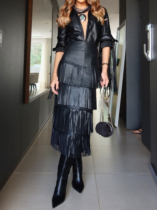 PU Fringed Edge Two Pieces Dress