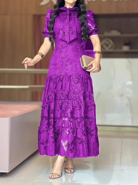 Round Neck Lace-up Cut-out Lace Dress