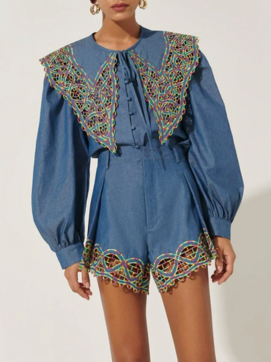 Doll Collar Embroidery Hollow Denim Color Suit