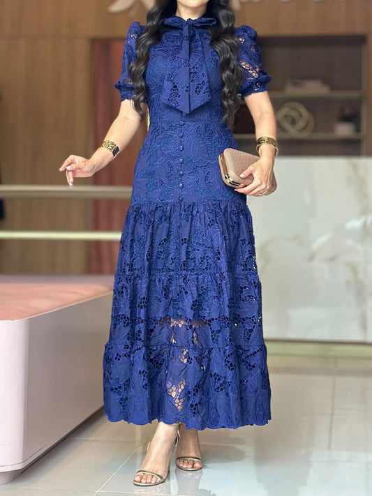 Round Neck Lace-up Cut-out Lace Dress