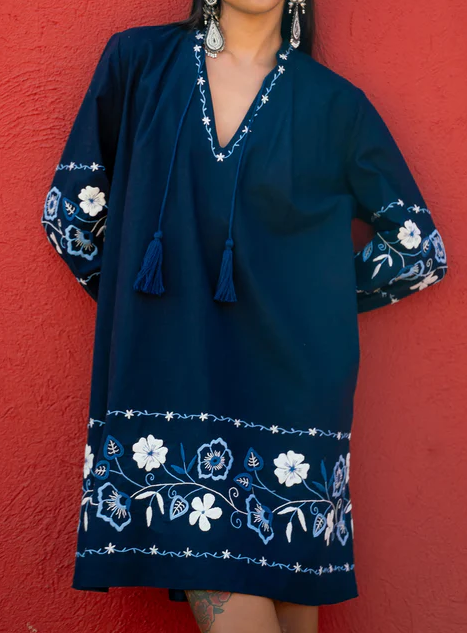 Navy Blue Embroidery Casual Dress