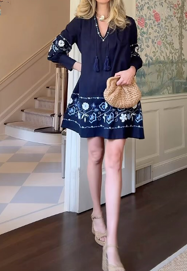 Navy Blue Embroidery Casual Dress